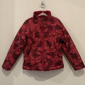 Girls The North Face reversible jacket, dark pink fur/pink butterflies. XXS/ 5.